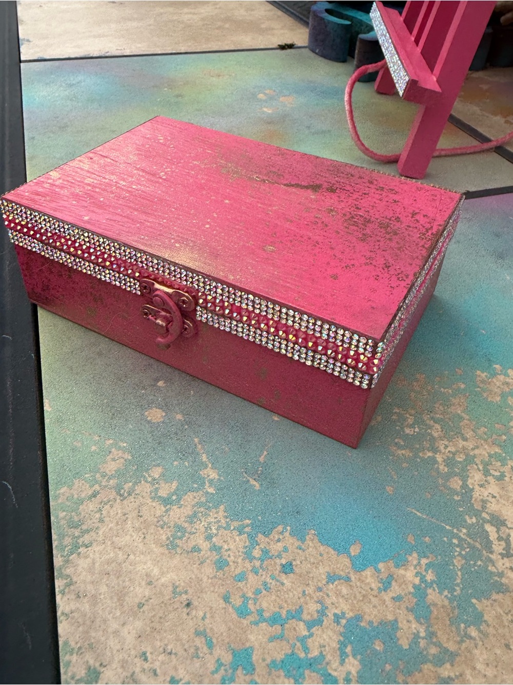 Pink with metallic gold splash- with Rhinestone accents-Wooden Jewelry Box
